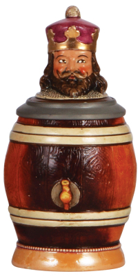 Character stein, .5L, pottery, by Diesinger, 705, Gambrinus in Barrel, chip on inlay underside yellowing.