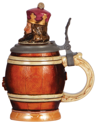 Character stein, .5L, pottery, by Diesinger, 705, Gambrinus in Barrel, chip on inlay underside yellowing. - 2