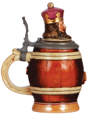 Character stein, .5L, pottery, by Diesinger, 705, Gambrinus in Barrel, chip on inlay underside yellowing. - 3