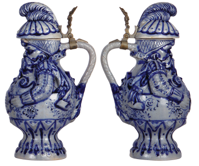 Character stein, 2.0L, 13.2" ht., stoneware, 58, by Reinhold Hanke, original pewter hinge, blue saltglaze, Knight, chip on top rim. - 2