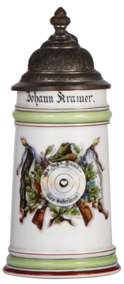 Porcelain stein, .5L, transfer & handpainted, target, Ueb. Aug. u. Hand für's Vaterland!, named to: Johann Kramer, pewter lid, minimal wear to red base band in rear.