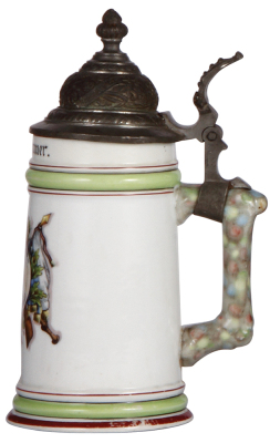 Porcelain stein, .5L, transfer & handpainted, target, Ueb. Aug. u. Hand für's Vaterland!, named to: Johann Kramer, pewter lid, minimal wear to red base band in rear. - 2