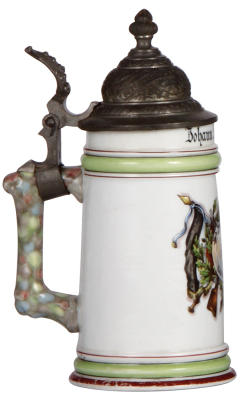 Porcelain stein, .5L, transfer & handpainted, target, Ueb. Aug. u. Hand für's Vaterland!, named to: Johann Kramer, pewter lid, minimal wear to red base band in rear. - 3