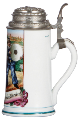 Porcelain stein, .5L, transfer & hand-painted, 12. Deutsches Bundesschiessen, Nürnberg 1897, relief pewter lid, mint.  - 2