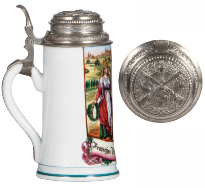 Porcelain stein, .5L, transfer & hand-painted, 12. Deutsches Bundesschiessen, Nürnberg 1897, relief pewter lid, mint.  - 3