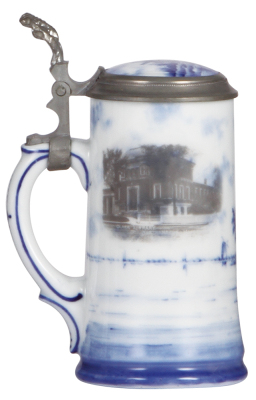 Porcelain stein, .5L, hand-painted, photographic transfer on reverse: Clark Library Northampton, Mass., porcelain inlaid lid, lines in lithophane, otherwise mint.