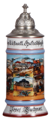 Porcelain stein, .5L, transfer & hand-painted, Andenken a.d. Kurs b.d. Staatl. Hufbeschlagschule, München, 1. Okt. 1927 - 1. Febr. 1928, roster, owner's name, pewter lid, mint.