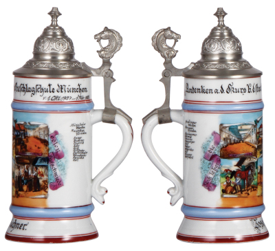 Porcelain stein, .5L, transfer & hand-painted, Andenken a.d. Kurs b.d. Staatl. Hufbeschlagschule, München, 1. Okt. 1927 - 1. Febr. 1928, roster, owner's name, pewter lid, mint. - 2