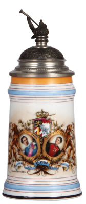 Porcelain stein, .5L, transfer & hand-painted, In Treue Fest, pewter lid, mint.