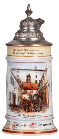 Porcelain stein, .5L, transfer & hand-painted, Kgl. Hofbräuhaus, München, side scene: Hoch lebe die Oekonomie! [farming], pewter lid, a little wear to base bands.