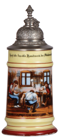 Porcelain stein, .5L, transfer & handpainted, Occupational Schuhmacher [Shoemaker], pewter lid, missing center hinge ring - works well, body mint.