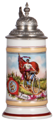 Porcelain stein, .5L, transfer & handpainted, bicycle rider, Frisch auf!, A.R.B., pewter lid, mint.