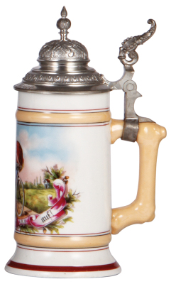 Porcelain stein, .5L, transfer & handpainted, bicycle rider, Frisch auf!, A.R.B., pewter lid, mint. - 2