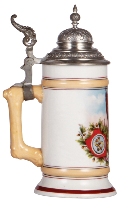 Porcelain stein, .5L, transfer & handpainted, bicycle rider, Frisch auf!, A.R.B., pewter lid, mint. - 3