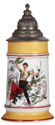 Porcelain stein, .5L, transfer & handpainted, 4F, Gut Heil!, weightlifter, pewter lid, slight pewter tear, otherwise mint.