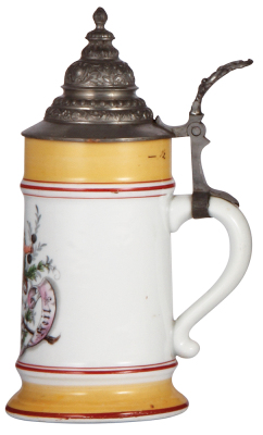 Porcelain stein, .5L, transfer & handpainted, 4F, Gut Heil!, weightlifter, pewter lid, slight pewter tear, otherwise mint. - 2