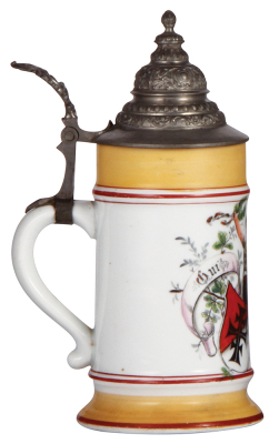 Porcelain stein, .5L, transfer & handpainted, 4F, Gut Heil!, weightlifter, pewter lid, slight pewter tear, otherwise mint. - 3