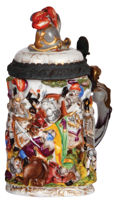 Porcelain stein, 1.0L, 9.6" ht., decorated relief, marked blue X, Capo-di-Monte, inlaid lid, gold wear.