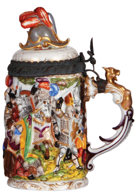 Porcelain stein, 1.0L, 9.6" ht., decorated relief, marked blue X, Capo-di-Monte, inlaid lid, gold wear. - 2