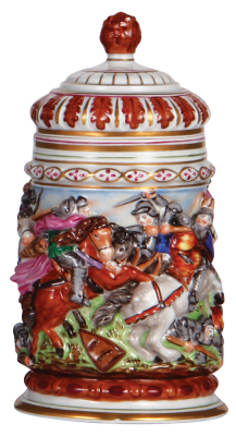 Porcelain stein, .5L, 8.2" ht., hand-painted & relief, marked N with crown, Capo-di-Monte, set-on lid, mint.