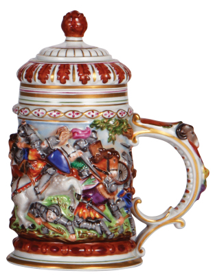 Porcelain stein, .5L, 8.2" ht., hand-painted & relief, marked N with crown, Capo-di-Monte, set-on lid, mint. - 2