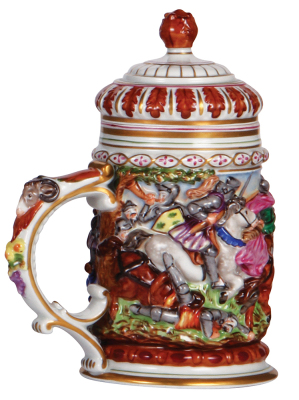 Porcelain stein, .5L, 8.2" ht., hand-painted & relief, marked N with crown, Capo-di-Monte, set-on lid, mint. - 3