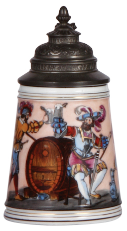 Porcelain stein, .5L, transfer & hand-painted, two Landsknecht, pewter lid, dated 1891, colored lithophane: woman, mint.