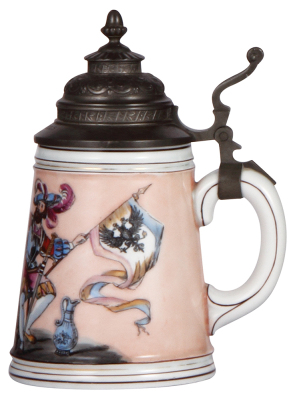 Porcelain stein, .5L, transfer & hand-painted, two Landsknecht, pewter lid, dated 1891, colored lithophane: woman, mint. - 2