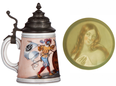 Porcelain stein, .5L, transfer & hand-painted, two Landsknecht, pewter lid, dated 1891, colored lithophane: woman, mint. - 3