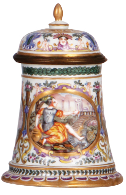 Porcelain stein, .3L, 6.0" ht., hand-painted & relief, marked N with crown, Capo-di-Monte, porcelain inlaid lid, mint.