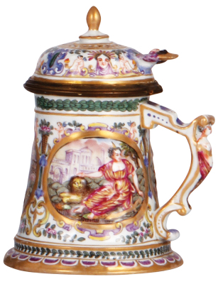 Porcelain stein, .3L, 6.0" ht., hand-painted & relief, marked N with crown, Capo-di-Monte, porcelain inlaid lid, mint. - 2