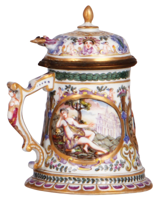 Porcelain stein, .3L, 6.0" ht., hand-painted & relief, marked N with crown, Capo-di-Monte, porcelain inlaid lid, mint. - 3