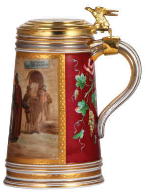 Porcelain stein, 1.0L, hand-painted, marked with Beehive, Royal Vienna type, gilded lid: dated 1876, 1'' scratch on underside, otherwise mint. - 3