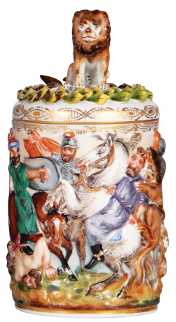 Porcelain stein, 1.0L, 10.5" ht., marked crown with N, Capo-di-Monte, relief, handpainted, porcelain lid,  nice quality, very good repair of small flakes on leaves.