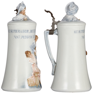 Porcelain stein, 1.0L, 11.5'' ht., relief, by Ens, hand-painted, pate-sur-pate, porcelain lid, mint. - 4