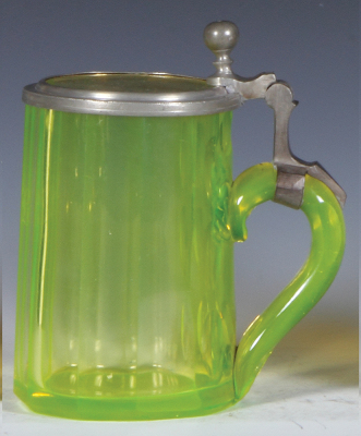 Glass stein, .5L, blown, uranium, faceted, matching glass inlaid lid, excellent pewter strap repair, otherwise mint. - 2