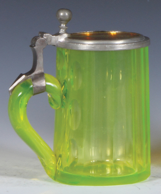 Glass stein, .5L, blown, uranium, faceted, matching glass inlaid lid, excellent pewter strap repair, otherwise mint. - 3