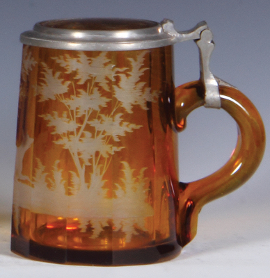 Glass stein, .3L, blown, faceted, yellow flashed, wheel-engraved, doe, matching glass inlaid lid, missing thumblift, chip at bottom of handle. - 2