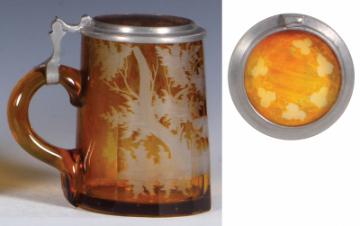 Glass stein, .3L, blown, faceted, yellow flashed, wheel-engraved, doe, matching glass inlaid lid, missing thumblift, chip at bottom of handle. - 3