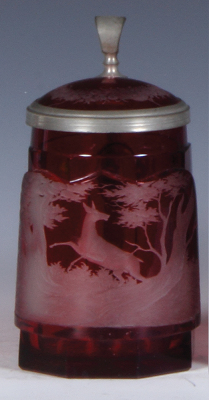 Glass stein, .25L, blown, faceted, ruby flashed, wheel-engraved, doe, matching glass inlaid lid, mint.