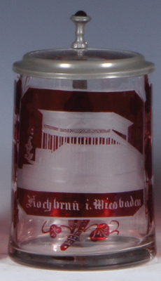 Glass stein, 4.6'' ht., blown, clear, red staining, wheel-engraved, Hochbrunn i. Weisbaden, clear glass inlaid lid, red glass thumblift, mint.