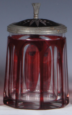 Glass stein, .5L, blown, ruby on clear overlay, matching glass inlaid lid, small flaw in center of inlay, otherwise mint.