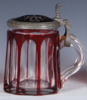 Glass stein, .5L, blown, ruby on clear overlay, matching glass inlaid lid, small flaw in center of inlay, otherwise mint. - 2