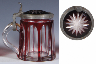 Glass stein, .5L, blown, ruby on clear overlay, matching glass inlaid lid, small flaw in center of inlay, otherwise mint. - 3