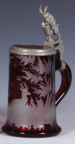 Glass stein, .3L, blown, ruby flashed, wheel-engraved, stag, inlaid lid, mint.