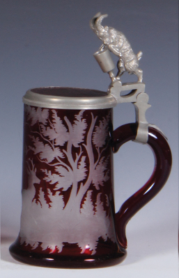 Glass stein, .3L, blown, ruby flashed, wheel-engraved, stag, inlaid lid, mint. - 2