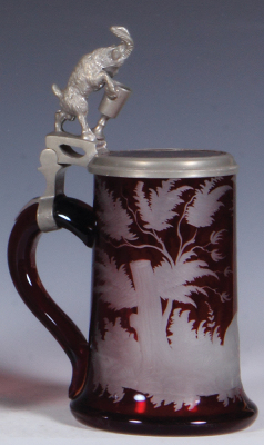 Glass stein, .3L, blown, ruby flashed, wheel-engraved, stag, inlaid lid, mint. - 3