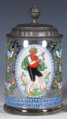 Glass stein, .5L, blown, clear, hand-painted, by Franz Ringer, pewter lid, mint.