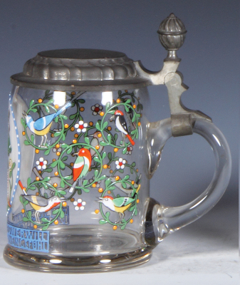 Glass stein, .5L, blown, clear, hand-painted, by Franz Ringer, pewter lid, mint. - 2