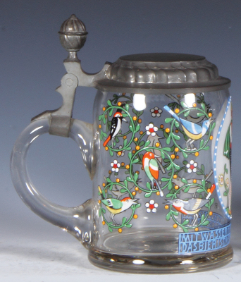 Glass stein, .5L, blown, clear, hand-painted, by Franz Ringer, pewter lid, mint. - 3